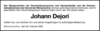 Traueranzeige von Johann Dejori von Dolomiten