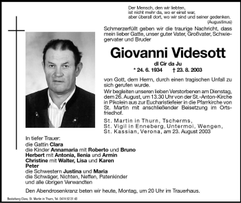 Traueranzeige von Giovanni Videsott von Dolomiten