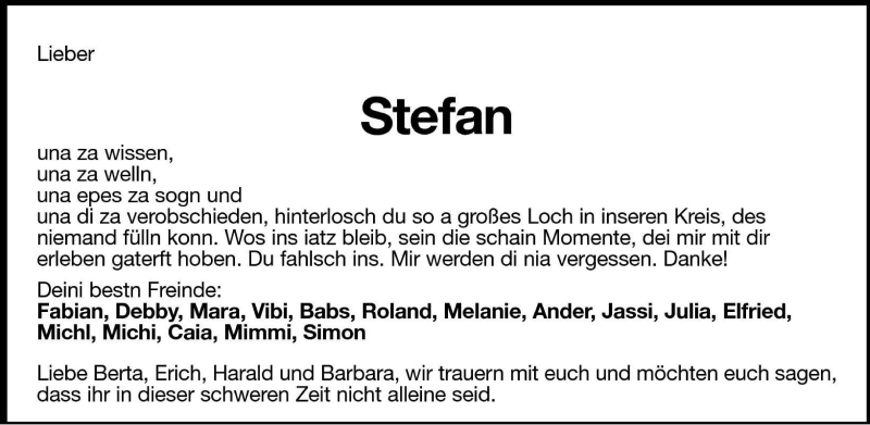  Traueranzeige für Stefan  vom 18.08.2008 aus Dolomiten