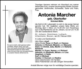 Traueranzeige von Antonia Marcher von Dolomiten