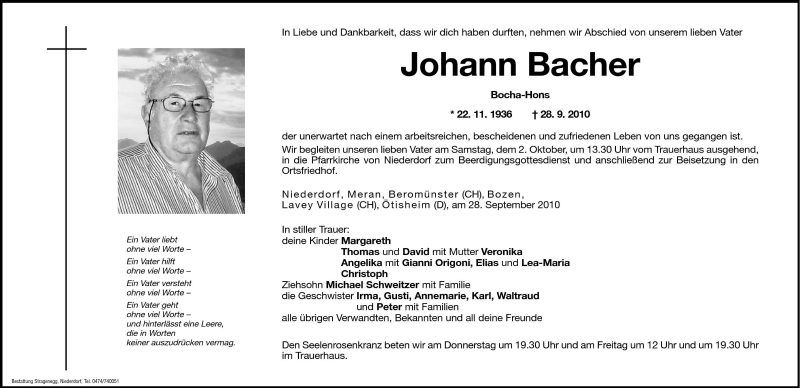  Traueranzeige für Johann Bacher vom 30.09.2010 aus Dolomiten