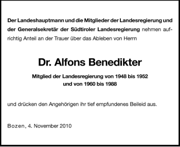 Traueranzeige von Alfons Benedikter von Dolomiten