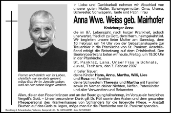 Traueranzeige von Anna Weiss von Dolomiten