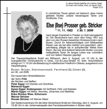 Traueranzeige von Else Prosser von Dolomiten