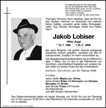 Traueranzeige von Jakob Lobiser von Dolomiten