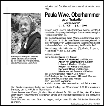 Traueranzeige von Paula Oberhammer von Dolomiten