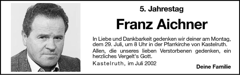  Traueranzeige für Franz Aichner vom 26.07.2002 aus Dolomiten