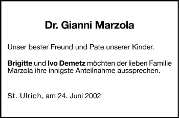 Traueranzeige von Gianni Marzola von Dolomiten