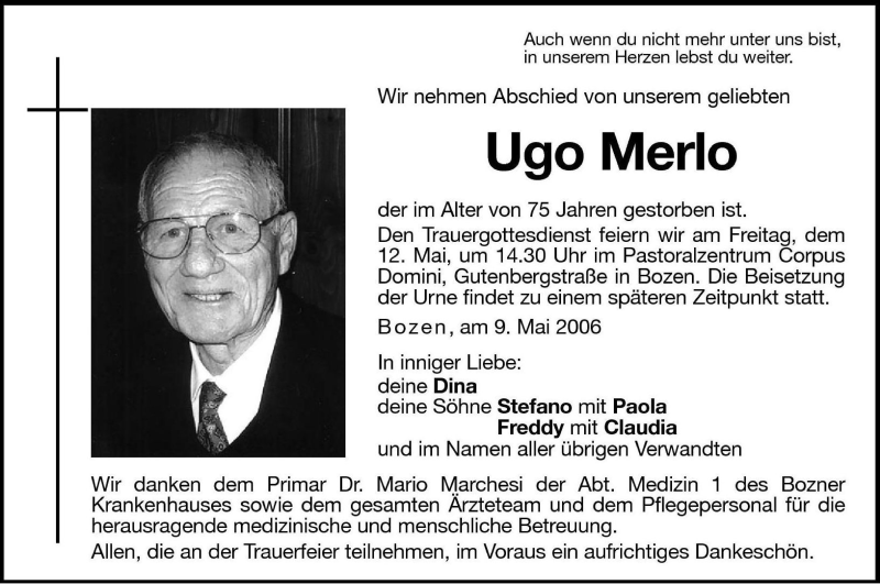  Traueranzeige für Ugo Merlo vom 11.05.2006 aus Dolomiten