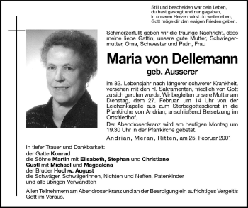 Traueranzeige von Maria von Dellemann von Dolomiten