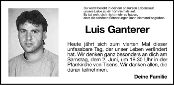 Traueranzeige von Luis Ganterer von Dolomiten