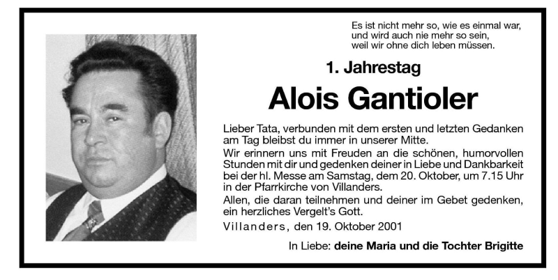  Traueranzeige für Alois Gantioler vom 19.10.2001 aus Dolomiten