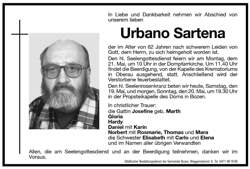  Traueranzeige für Urbano Sartena vom 19.05.2001 aus Dolomiten