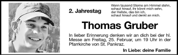 Traueranzeige von Thomas Gruber von Dolomiten