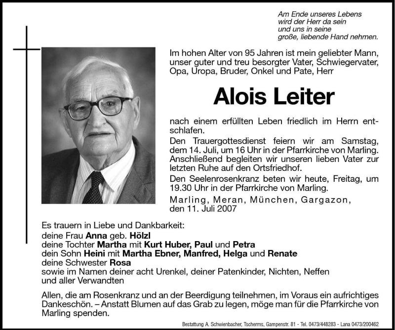  Traueranzeige für Alois Leiter vom 13.07.2007 aus Dolomiten