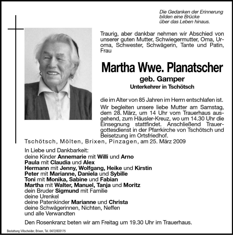  Traueranzeige für Martha Planatscher vom 27.03.2009 aus Dolomiten