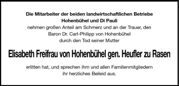 Traueranzeige von Elisabeth Freifrau von Hohenbühel von Dolomiten