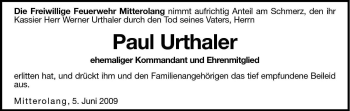 Traueranzeige von Paul Urthaler von Dolomiten