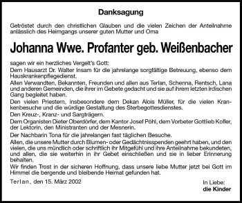 Traueranzeige von Johanna Profanter von Dolomiten