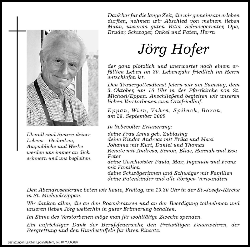  Traueranzeige für Jörg Hofer vom 02.10.2009 aus Dolomiten