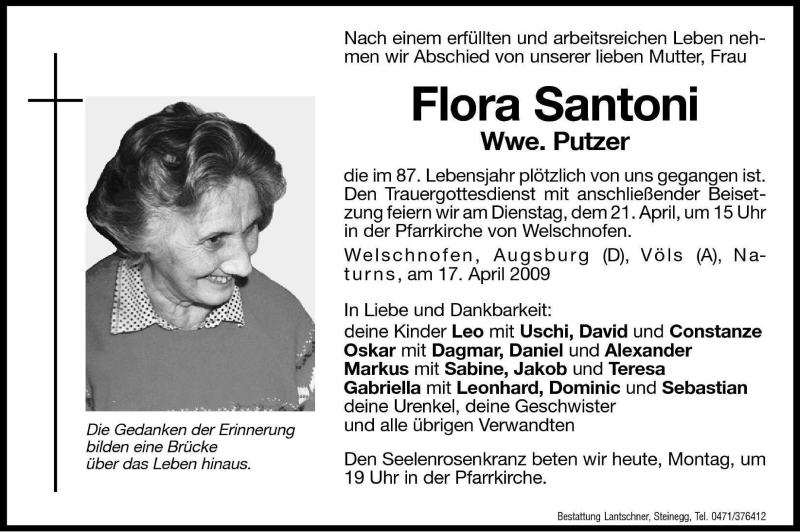  Traueranzeige für Flora Putzer vom 20.04.2009 aus Dolomiten