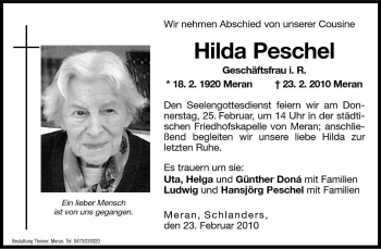 Traueranzeige von Hilda Peschel von Dolomiten