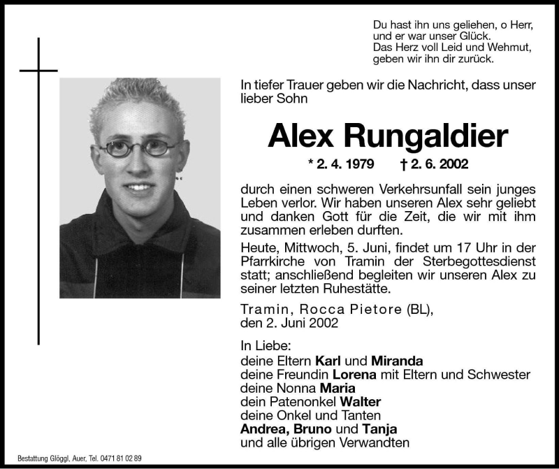  Traueranzeige für Alex Rungaldier vom 05.06.2002 aus Dolomiten