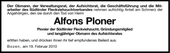 Traueranzeige von Alfons Ploner von Dolomiten