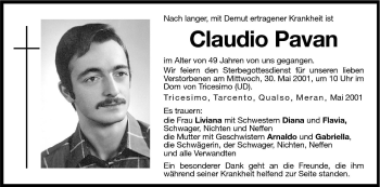 Traueranzeige von Claudio Pavan von Dolomiten