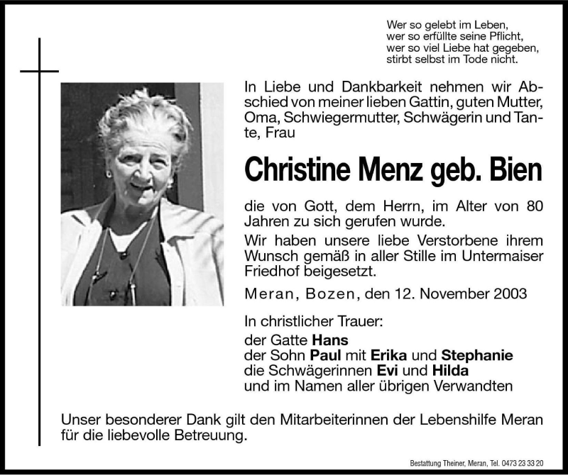  Traueranzeige für Christine Menz vom 20.11.2003 aus Dolomiten