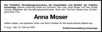 Traueranzeige von Anna Moser von Dolomiten
