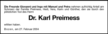 Traueranzeige von Karl Preimess von Dolomiten