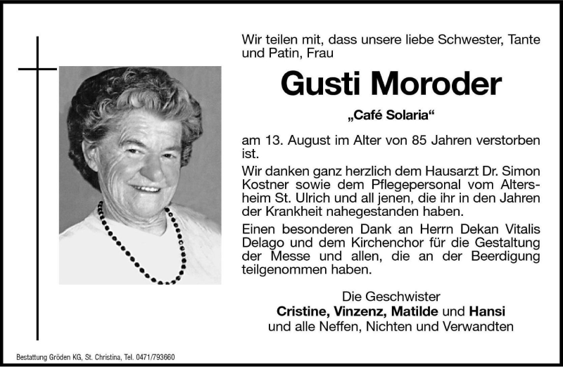  Traueranzeige für Gusti Moroder vom 17.08.2010 aus Dolomiten
