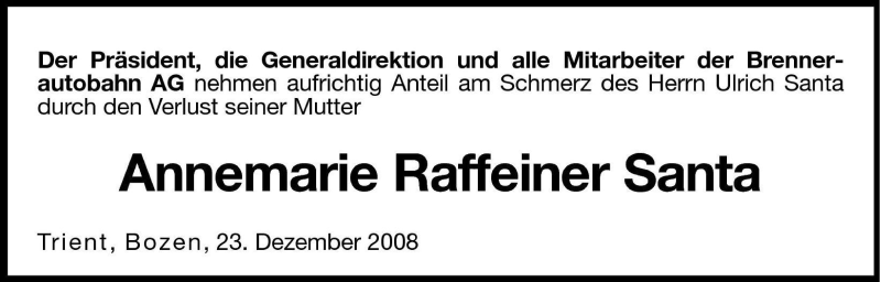  Traueranzeige für Annemarie Raffeiner Santa vom 24.12.2008 aus Dolomiten