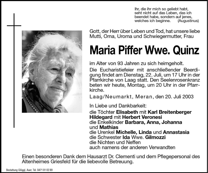  Traueranzeige für Maria Quinz vom 21.07.2003 aus Dolomiten