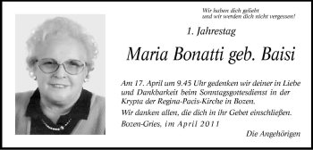 Traueranzeige von Maria Bonatti von Dolomiten