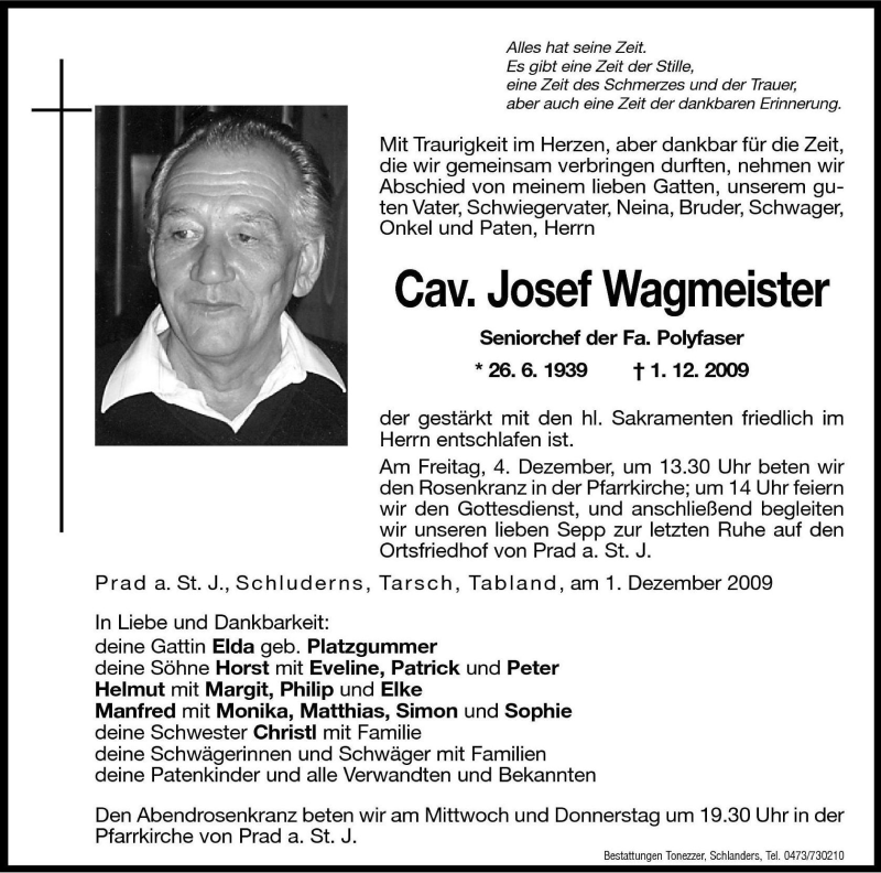  Traueranzeige für Josef Wagmeister vom 02.12.2009 aus Dolomiten