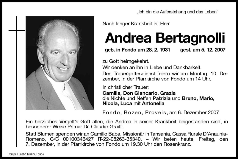 Traueranzeigen Von Andrea Bertagnolli | Trauer.bz