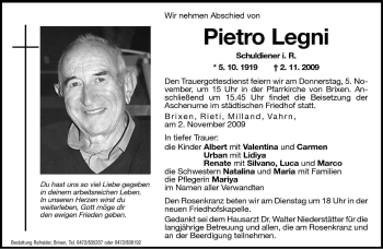 Traueranzeige von Pietro Legni von Dolomiten