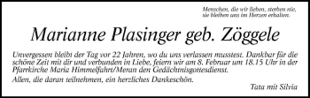 Traueranzeige von Marianne Plasinger von Dolomiten