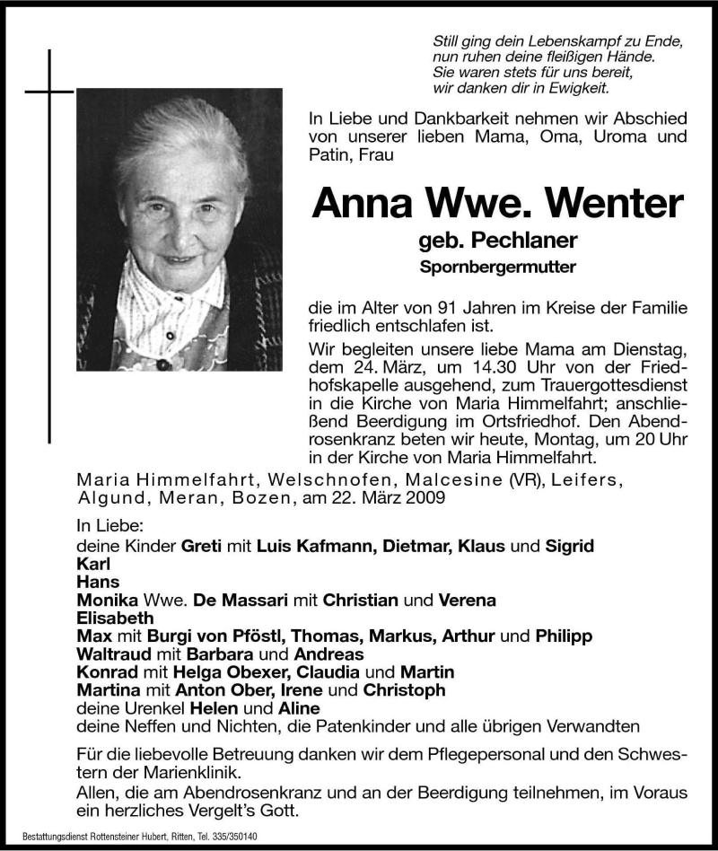 Traueranzeige für Anna Wenter vom 23.03.2009 aus Dolomiten