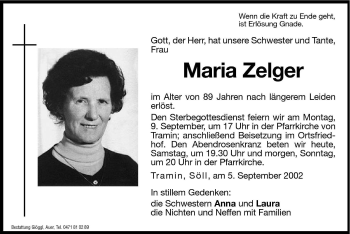 Traueranzeige von Maria Zelger von Dolomiten