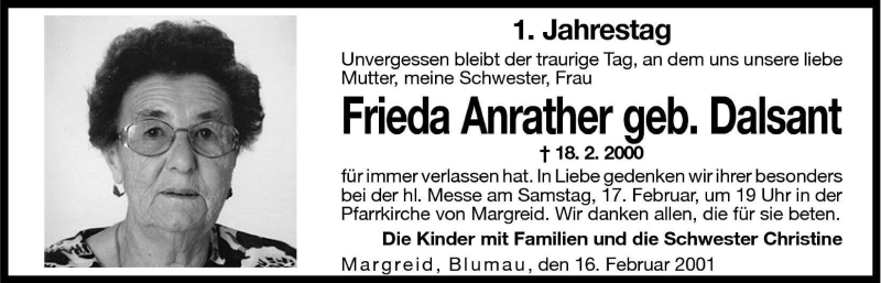  Traueranzeige für Frieda Anrather vom 16.02.2001 aus Dolomiten