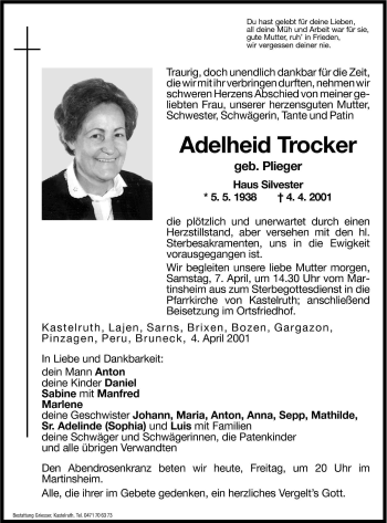 Traueranzeige von Adelheid Trocker von Dolomiten