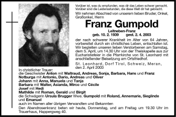 Traueranzeige von Franz Gumpold von Dolomiten