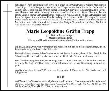 Traueranzeige von Marie Leopoldine Trapp von Dolomiten