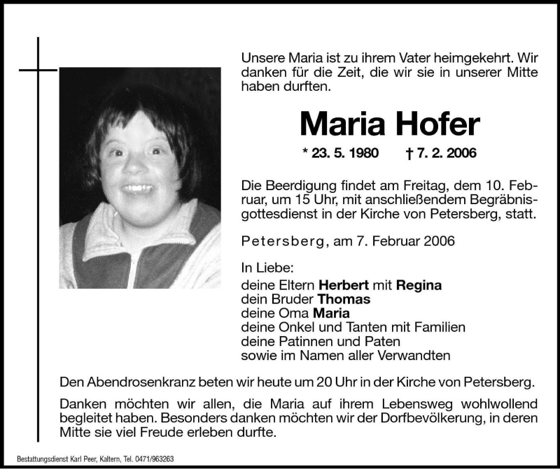  Traueranzeige für Maria Hofer vom 09.02.2006 aus Dolomiten
