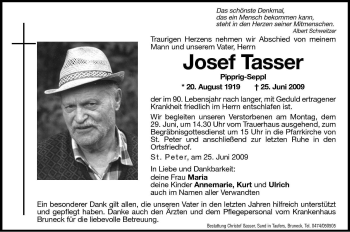 Traueranzeige von Josef Tasser von Dolomiten