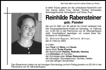 Traueranzeige von Reinhilde Rabensteiner von Dolomiten