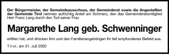 Traueranzeige von Margarethe Lang von Dolomiten